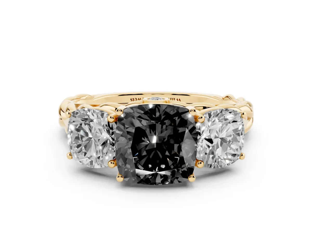 Fancy Black Three-Stone Cushion Cut Diamond Braided Band Ring with Four-Prong Setting Yellow gold
