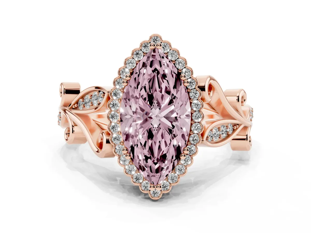 Fancy Pink Marquise Cut Diamond Halo Ring with Vintage Split Shank and Four-Prong Setting Rose gold