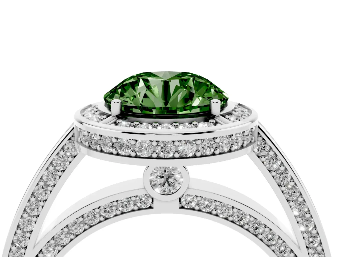 Fancy Green Round Cut Cut Halo Pave Split Shank Prong Setting Ring Silver