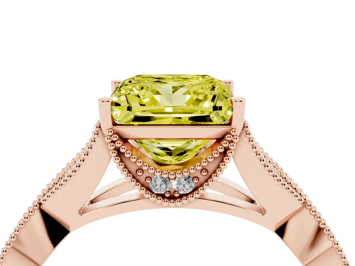 Fancy Yellow Princess Cut Cut Diamond Twisted Band with Milgrain Pave Setting and Four-Prong Setting Rose gold