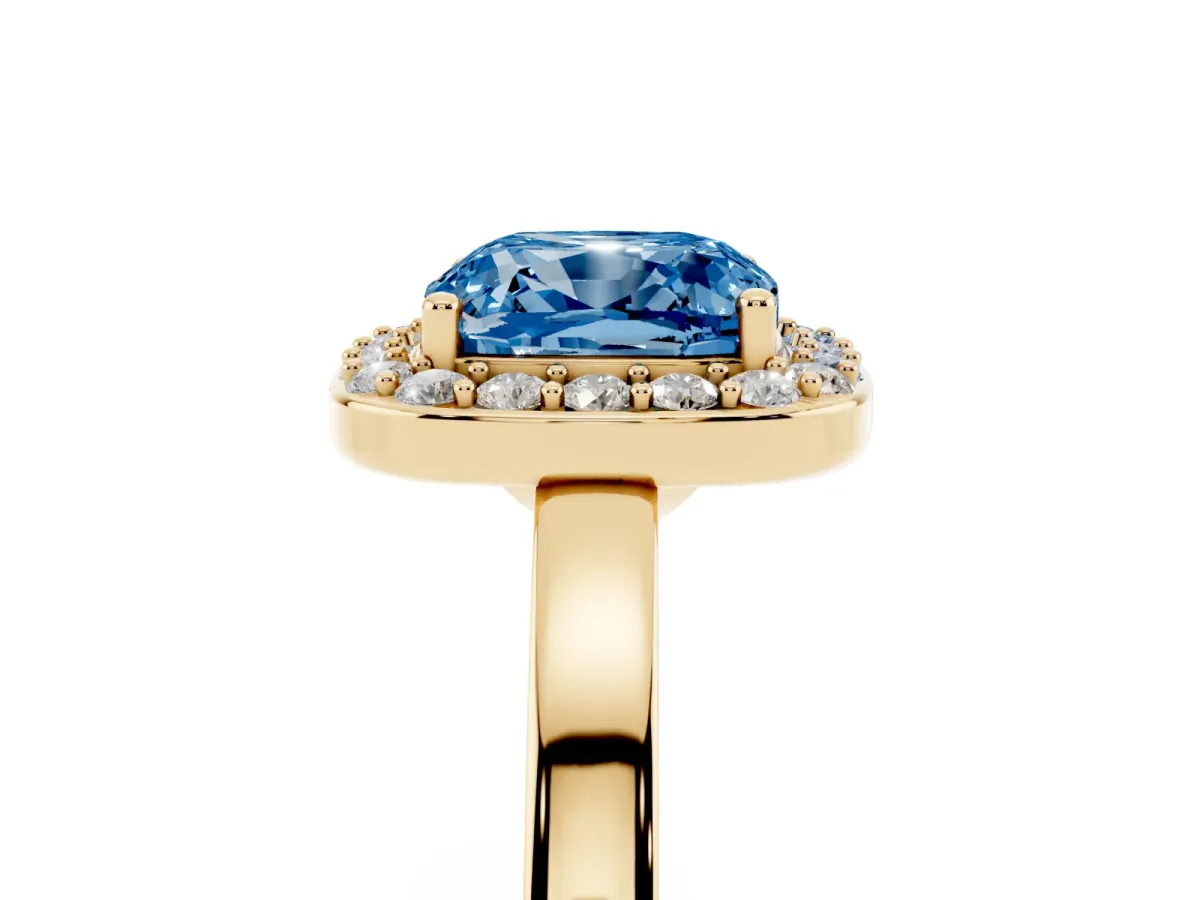 Fancy Blue Cushion Cut Halo Diamond Ring with Solitaire Band and Prong Setting Yellow gold