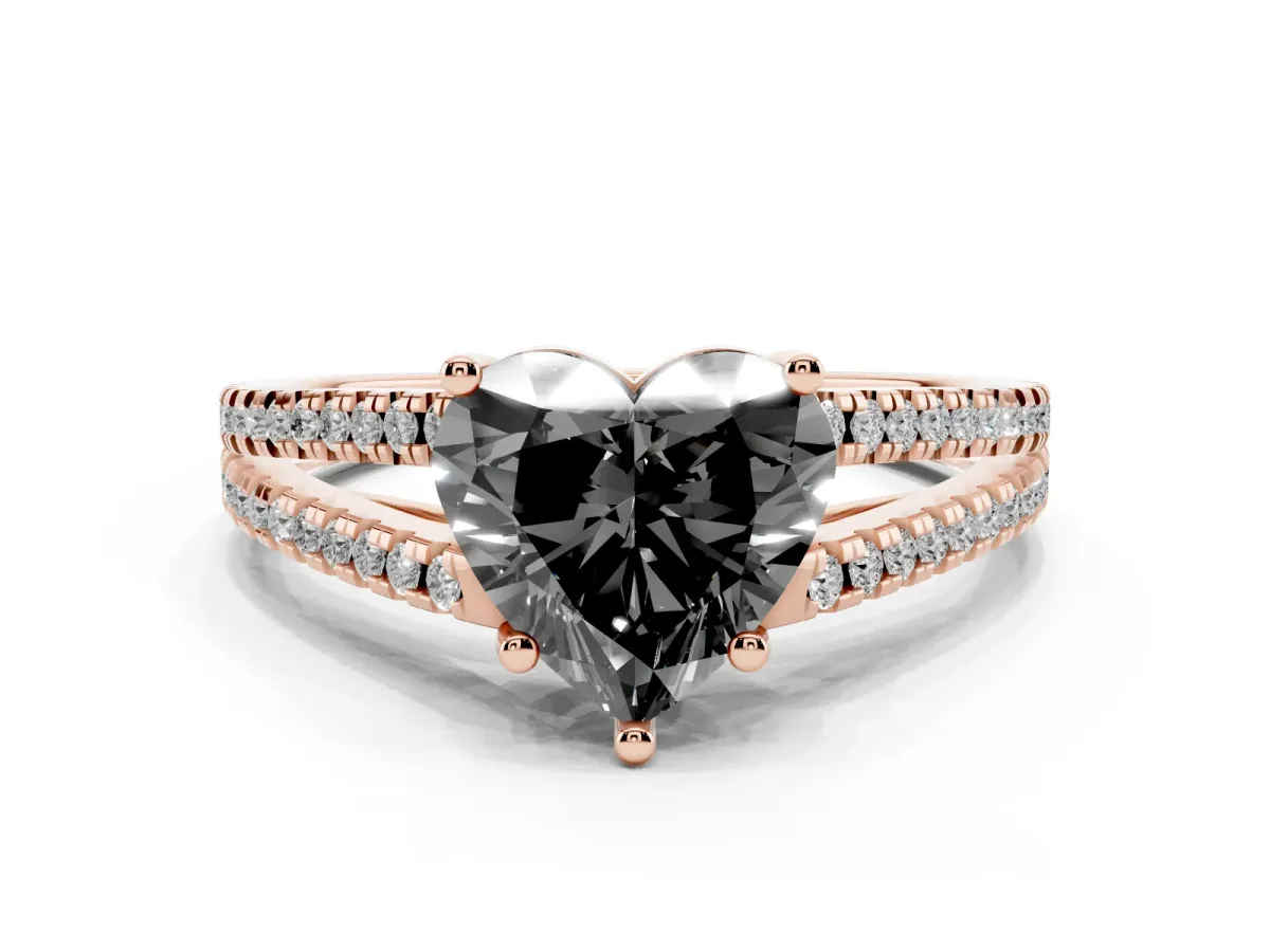 Fancy Black Heart Cut Diamond Solitaire Engagement Ring with Split Shank Pavé Band Rose gold