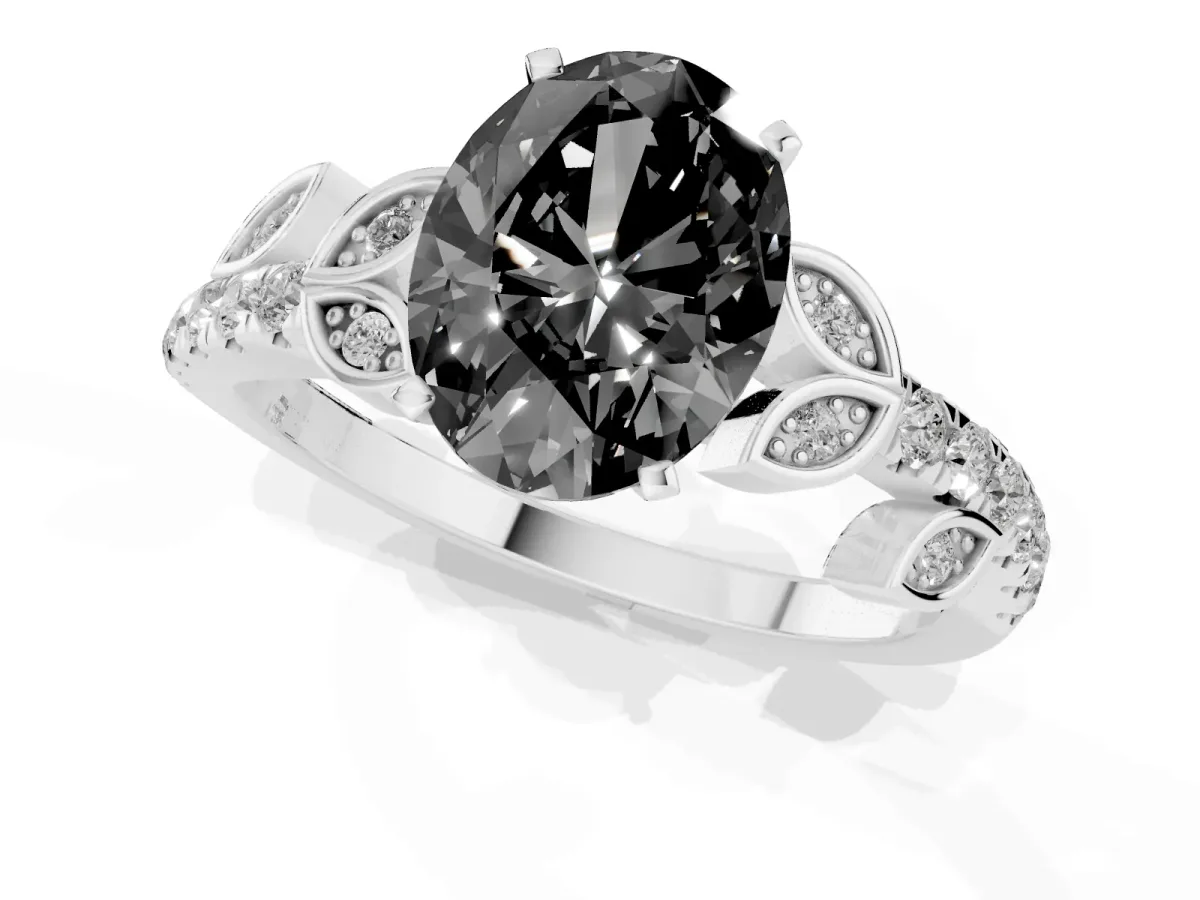 Fancy Black Oval Cut Solitaire Leaf-Inspired Diamond Ring with Pavé Band and Four-Prong Setting Silver