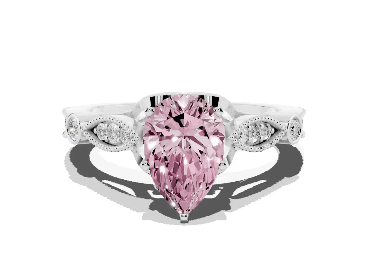 Fancy Pink Pear Cut Cut Diamond with Milgrain Marquise and Bezel Accents on a Solitaire Band with Prong Setting Platinum