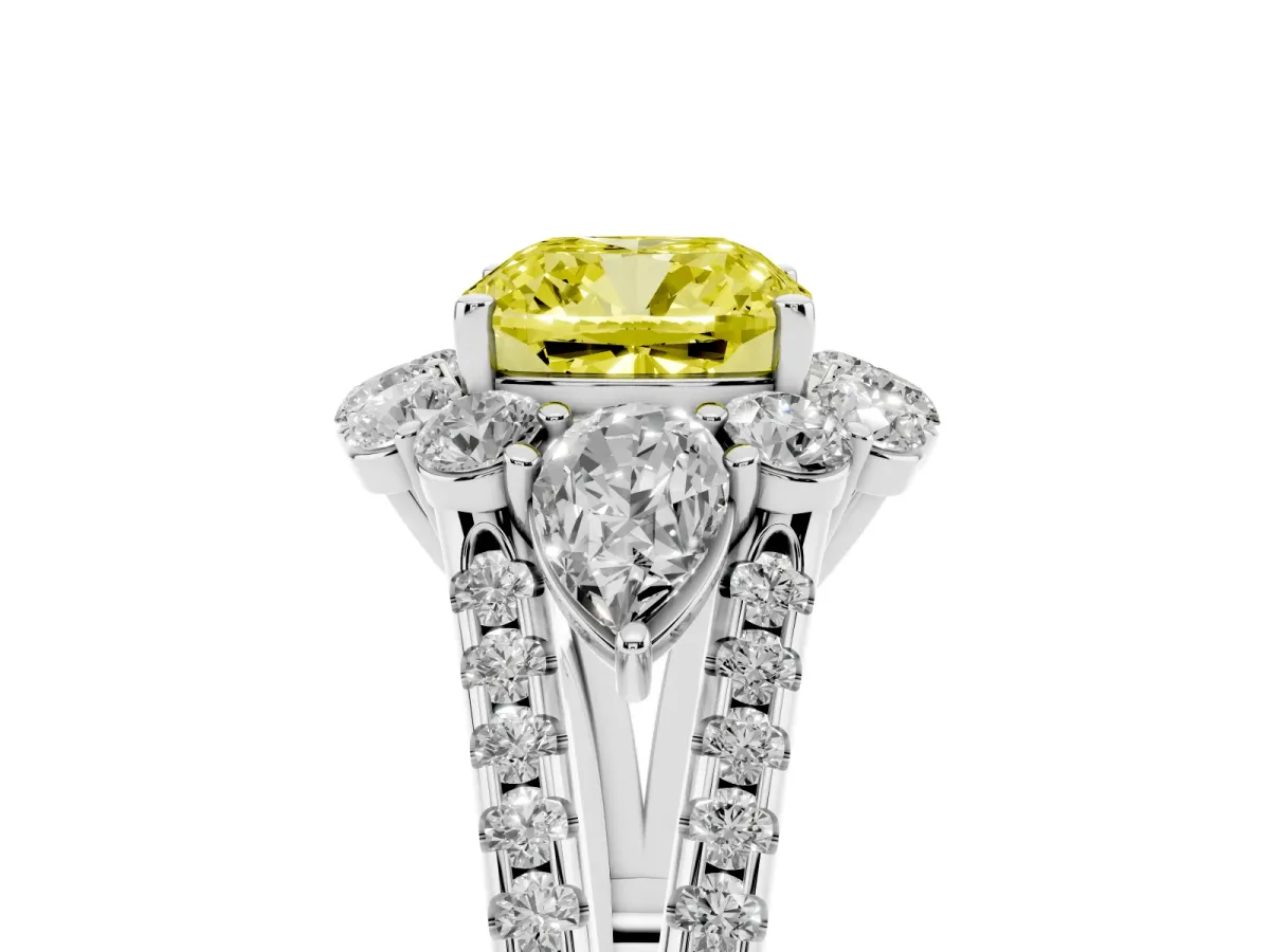 Fancy Yellow Cushion Cut Halo Split Shank Diamond Engagement Ring with Prong Setting Silver