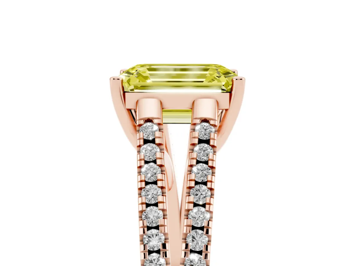 Fancy Yellow Emerald Cut Diamond Solitaire Engagement Ring with Split Shank Pavé Band Rose gold