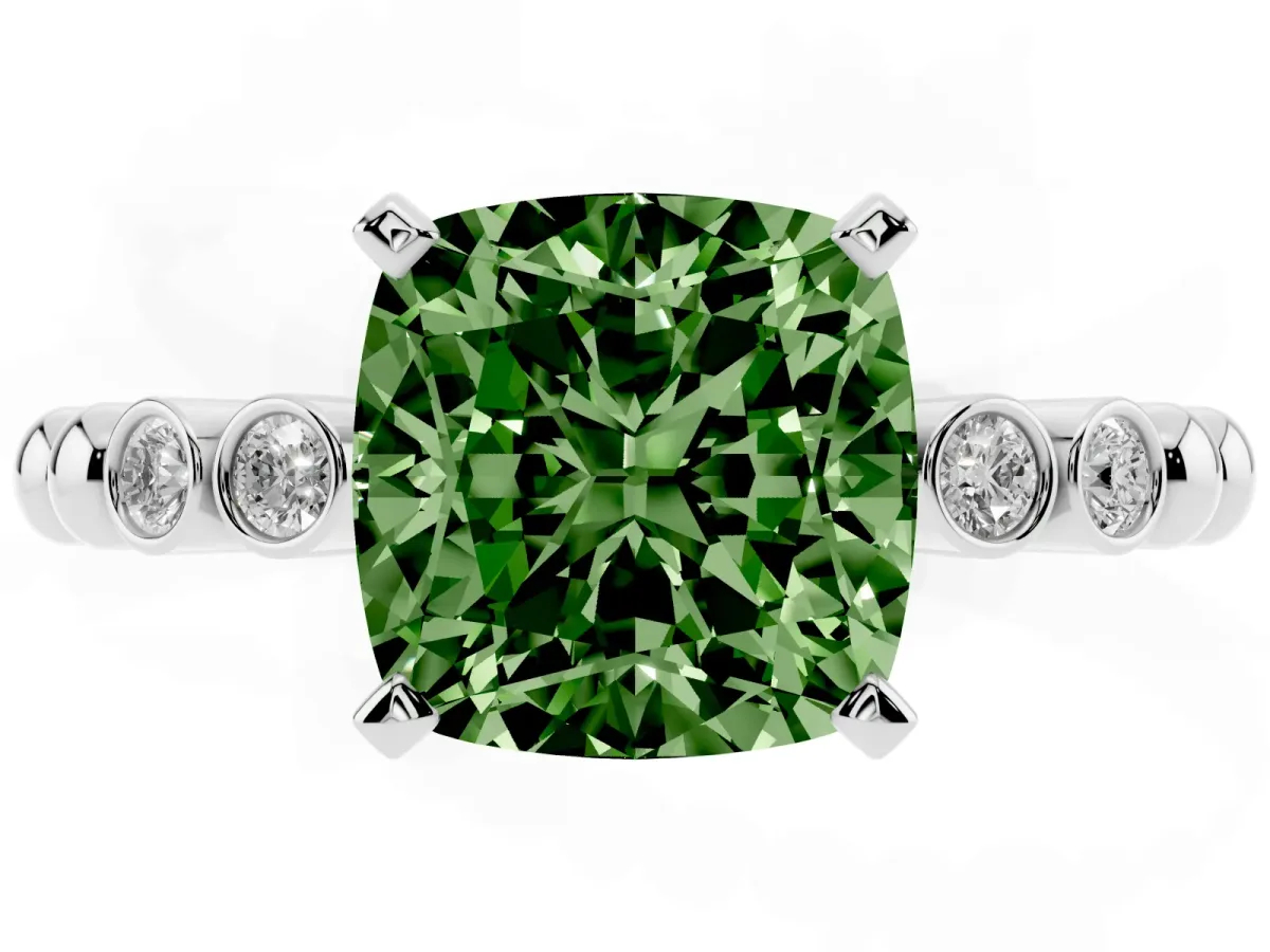 Fancy Green Cushion Cut Solitaire Bezel Accent Diamond Engagement Ring with Beaded Band and Four-Prong Setting Silver