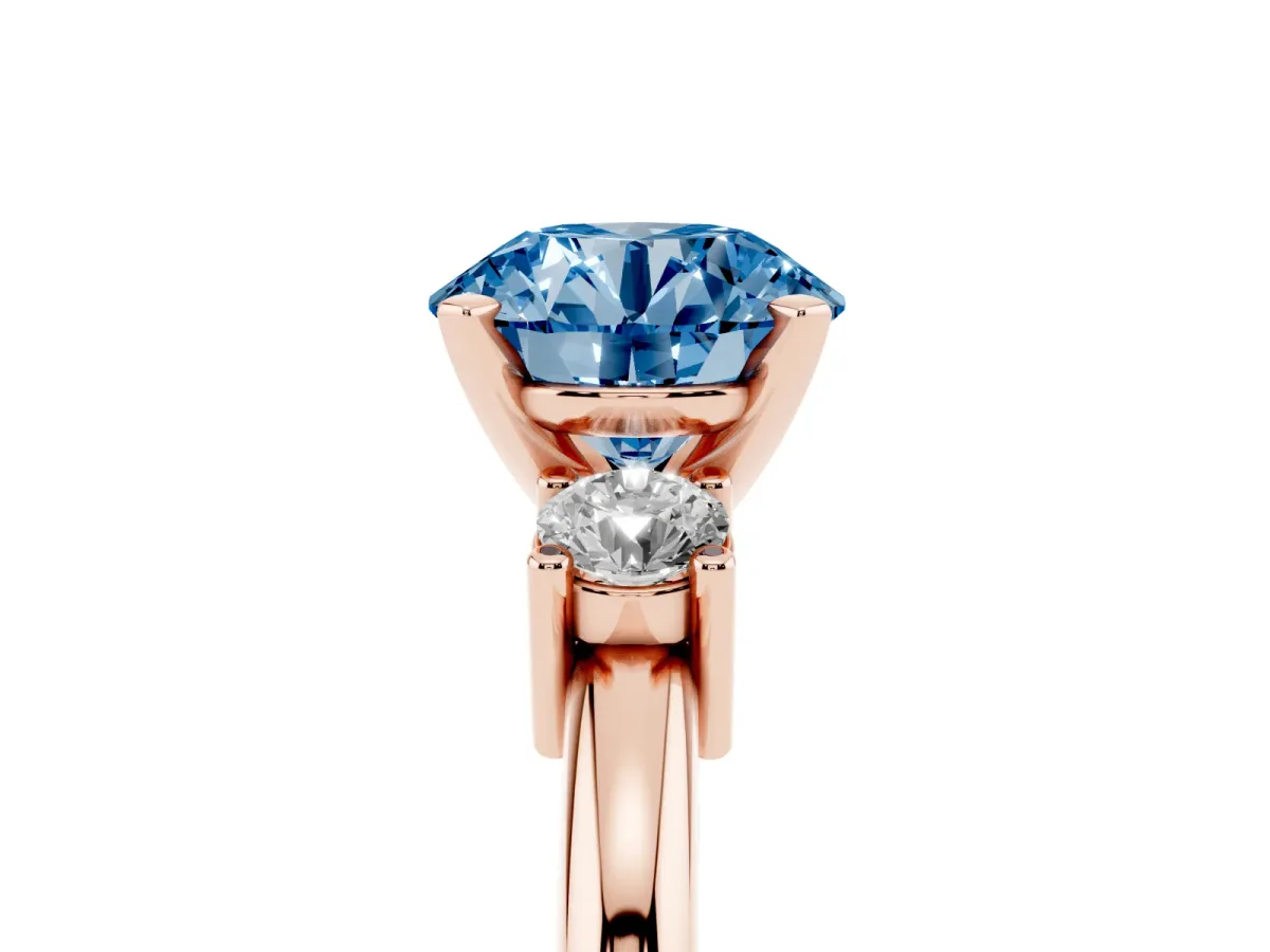 Fancy Blue Three-Stone Round Cut Cut Diamond Solitaire with Prong Setting and Classic Band Rose gold