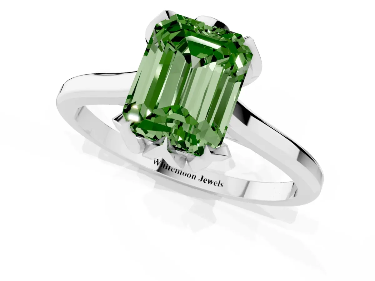 Fancy Green Emerald Cut Diamond Solitaire Ring with Flower Prong Setting and Classic Band Silver
