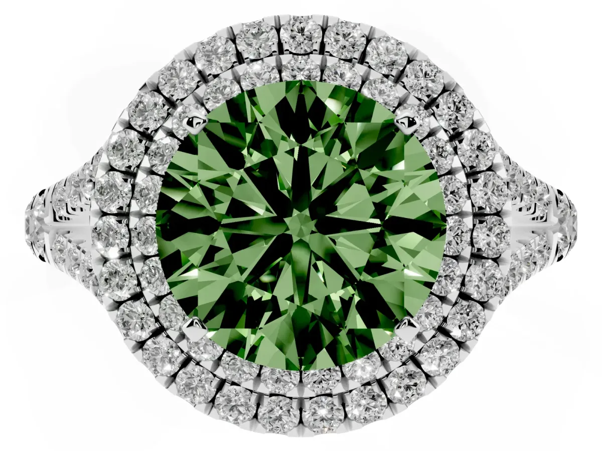 Fancy Green Double Halo Round Cut Diamond Split Shank Engagement Ring with Four-Prong Setting Platinum