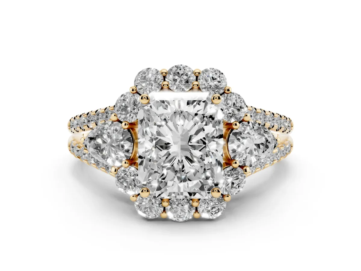 Radiant Cut Halo Split Shank Diamond Engagement Ring with Prong Setting Yellow gold