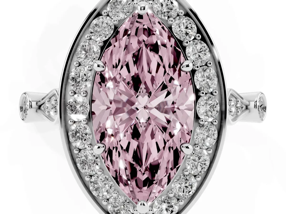 Fancy Pink Marquise Cut Halo Diamond Engagement Ring with Twisted Band and Four-Prong Setting Platinum