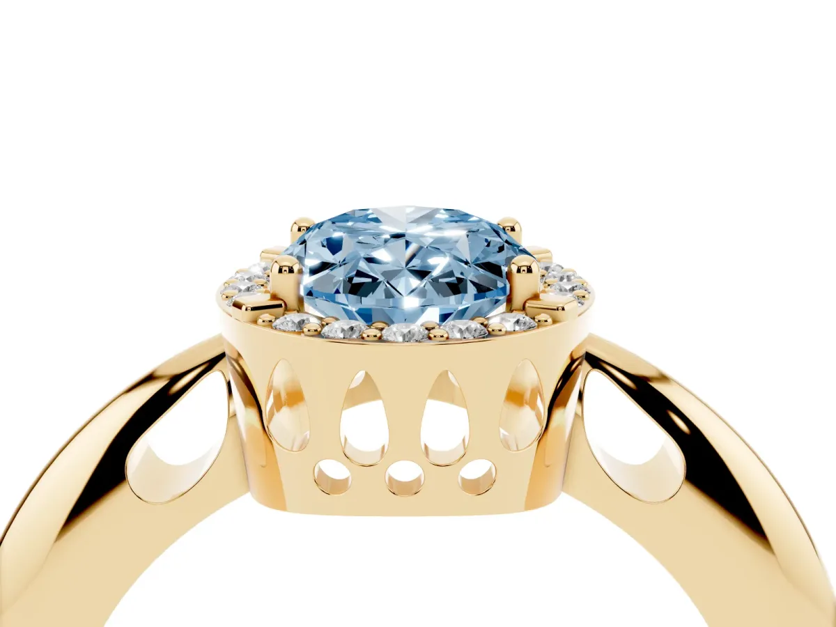 Fancy Blue Oval Cut Cut Diamond Halo Engagement Ring with Split Shank and Four-Prong Setting Yellow gold