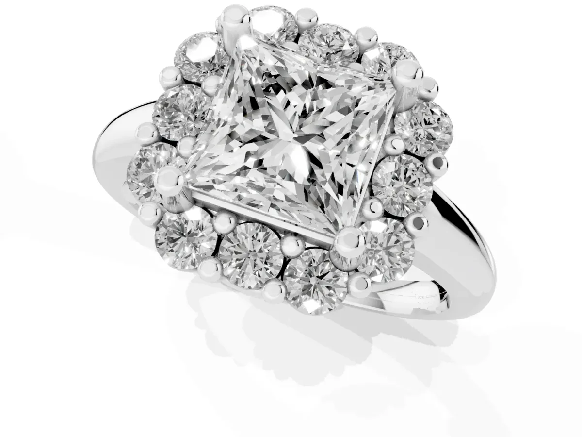 Princess Cut Halo Cluster Diamond Engagement Ring with Prong Setting and Polished Band Silver