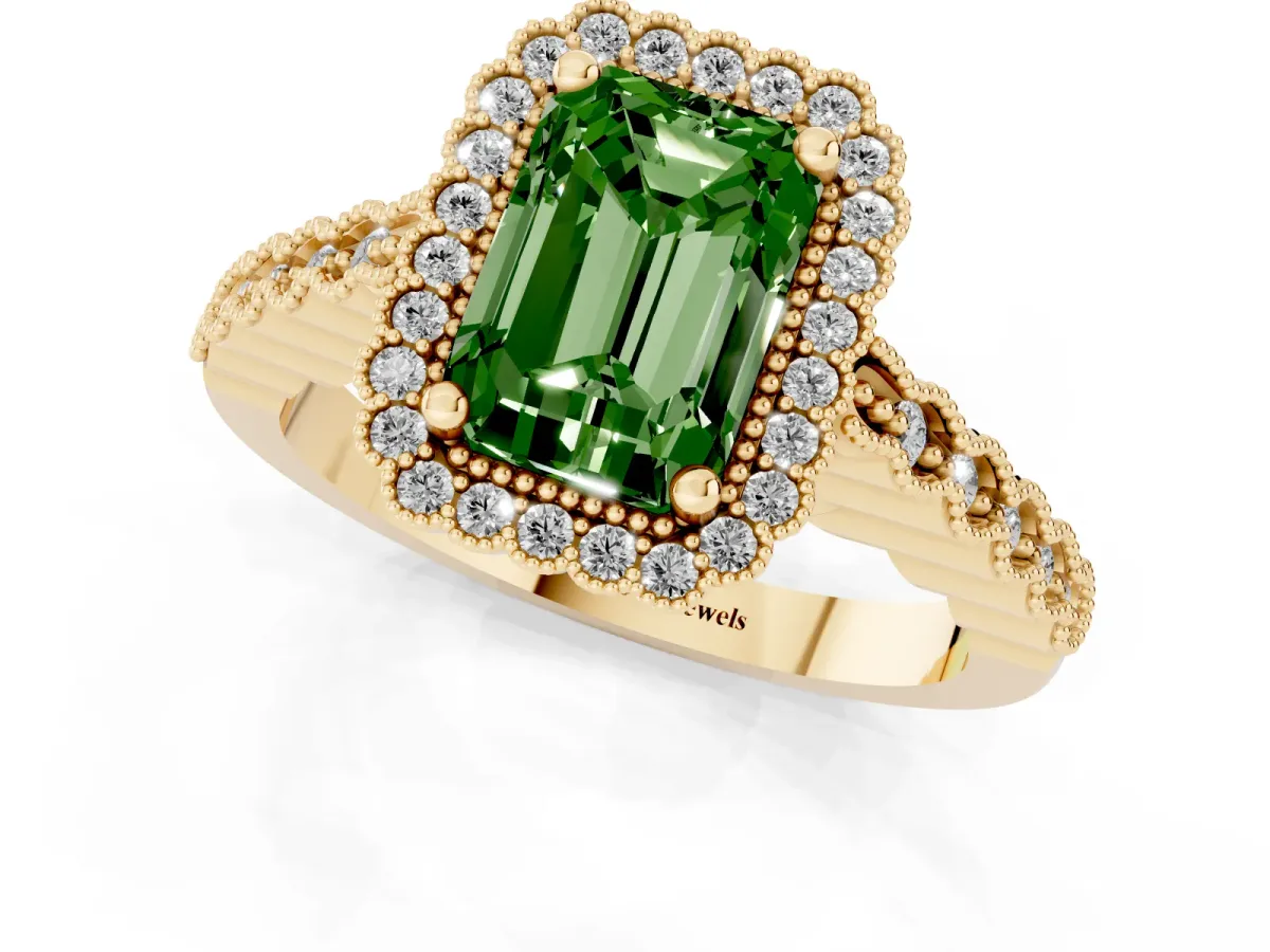 Fancy Green Radiant Cut Cut Halo Pavé Solitaire Ring with Milgrain Band Yellow gold