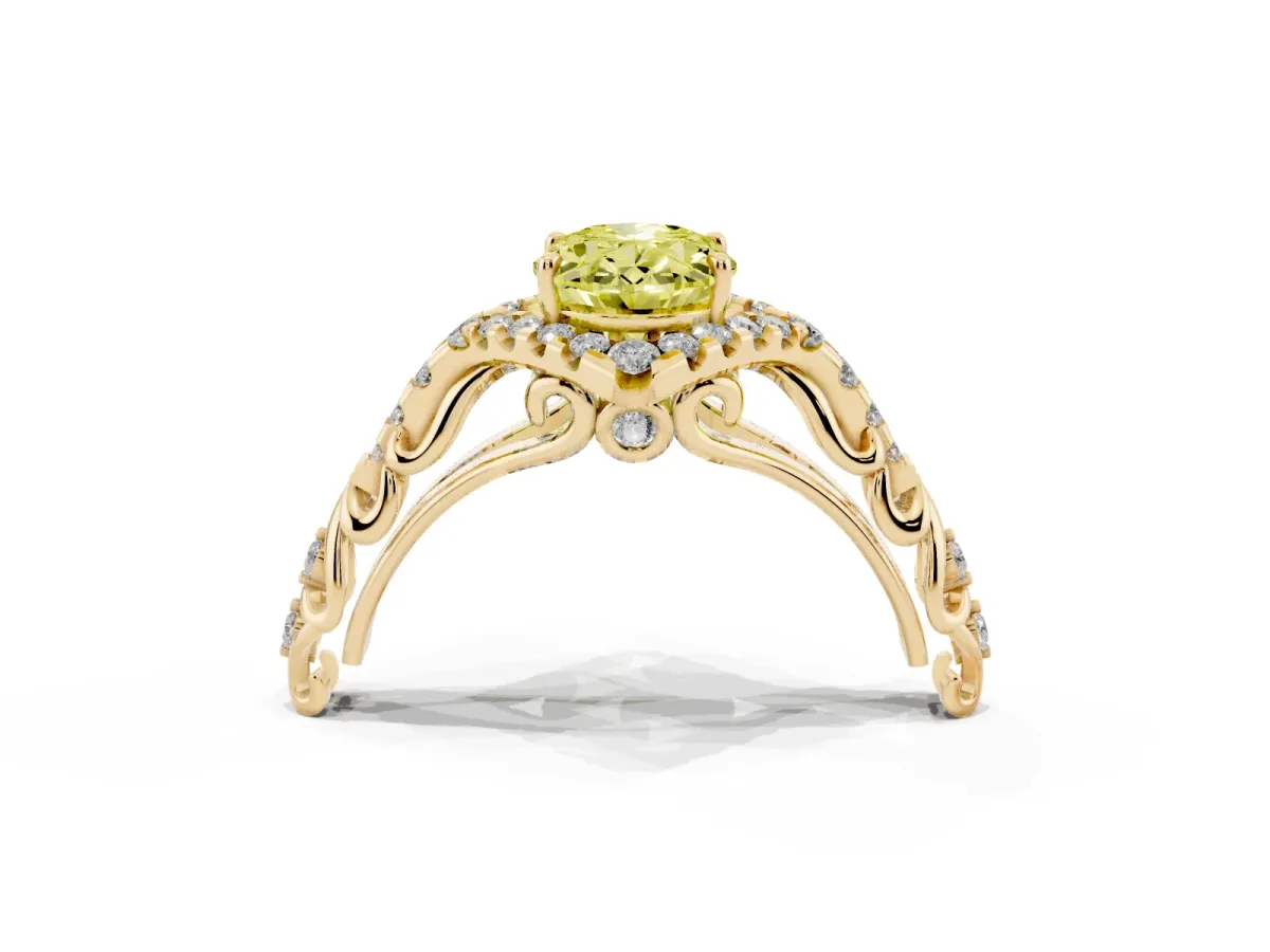 Fancy Yellow Oval Cut Diamond Solitaire Ring with Hidden Halo and Pavé Band Yellow gold