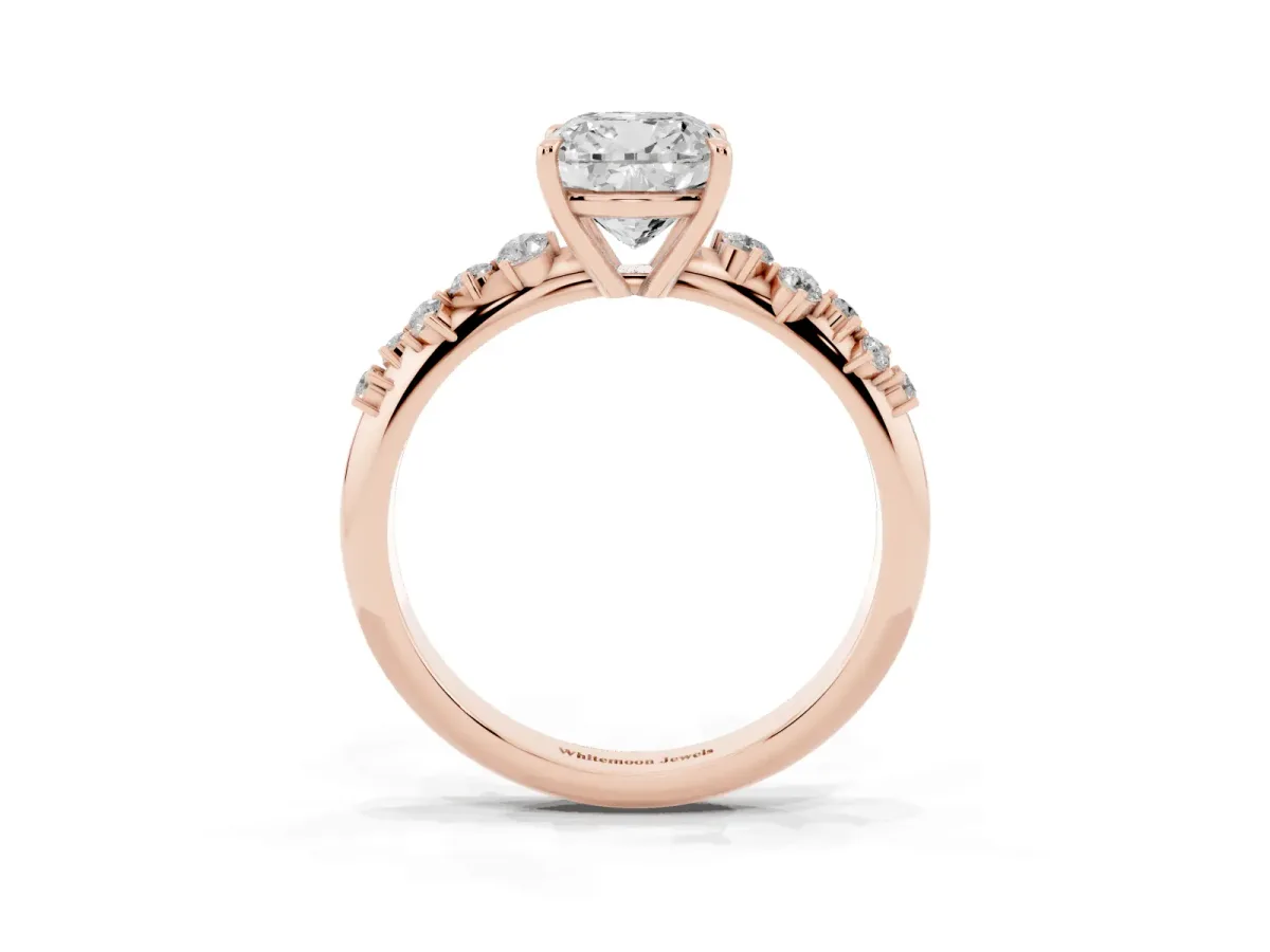 Cushion Cut Diamond Cluster Side Stone Solitaire Ring with Prong Setting Rose gold