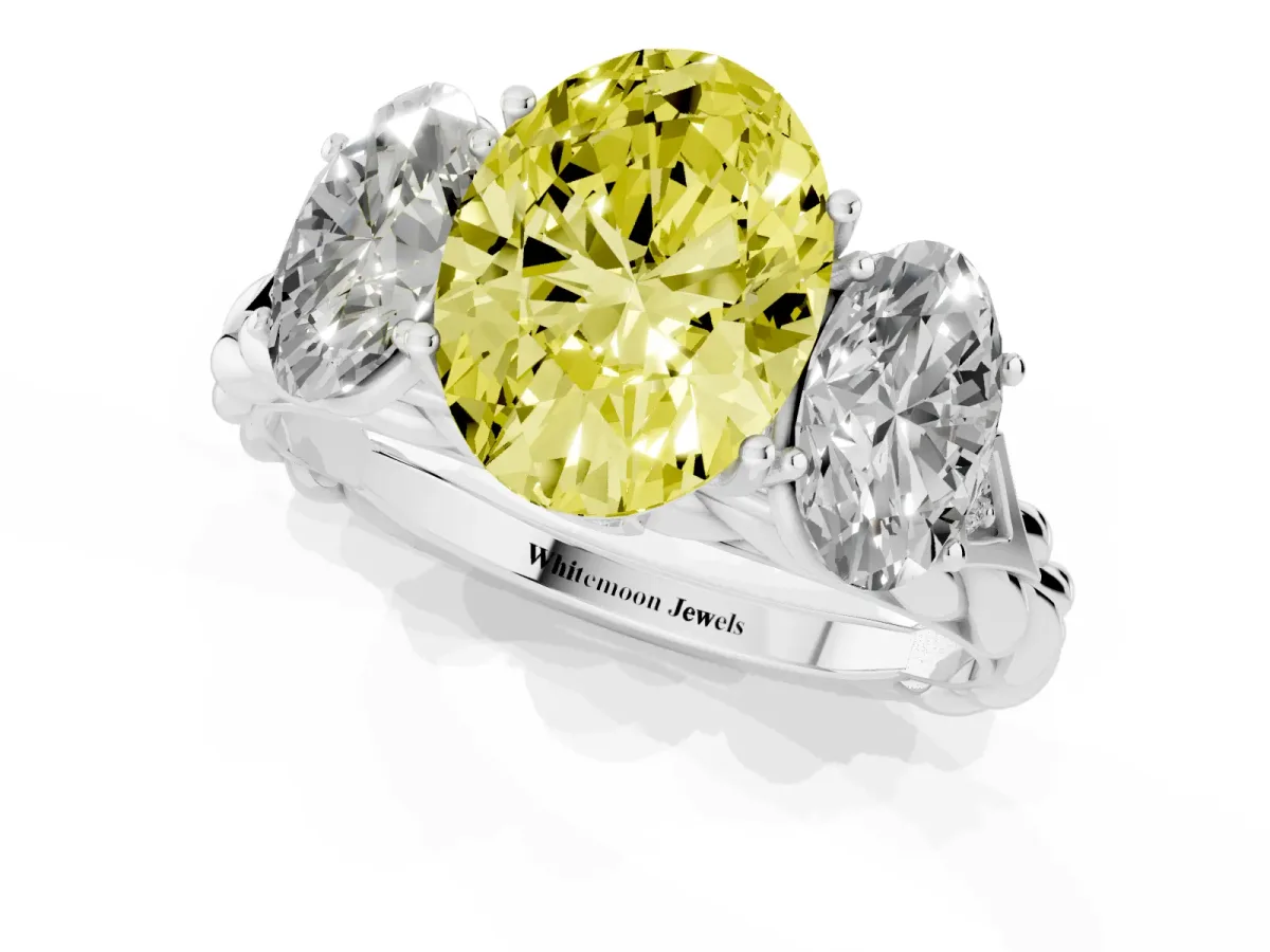 Fancy Yellow Three-Stone Oval Cut Diamond Braided Band Ring with Four-Prong Setting Silver