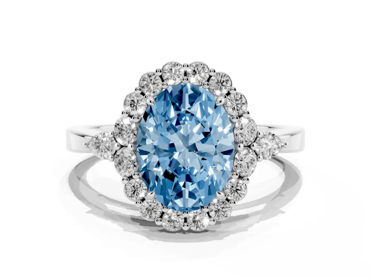 Fancy Blue Oval Cut Diamond Halo Ring with Pear Side Stones and Prong Setting Silver