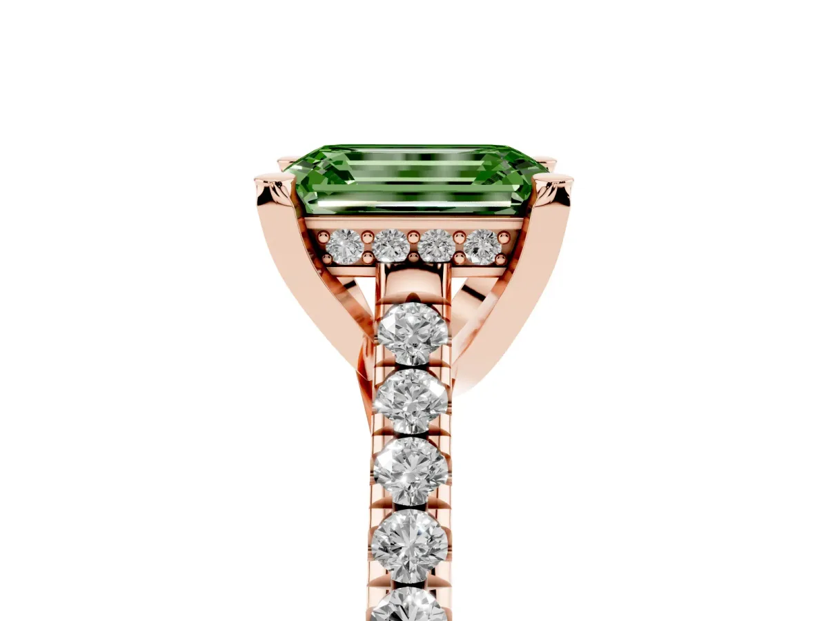 Fancy Green Emerald Cut Brilliant Diamond Solitaire with Pavé Band and Four-Prong Setting Rose gold