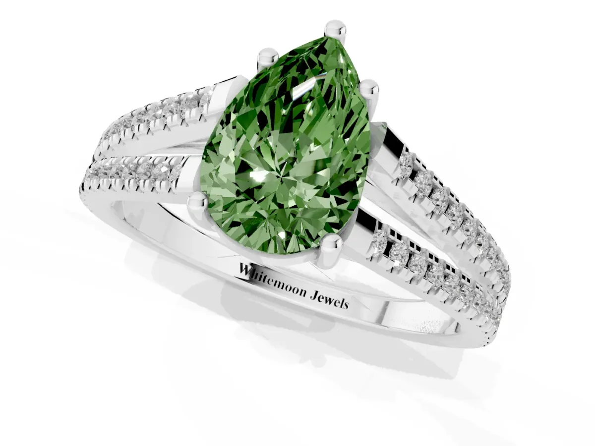 Fancy Green Pear Cut Diamond Solitaire Engagement Ring with Split Shank Pavé Band Platinum