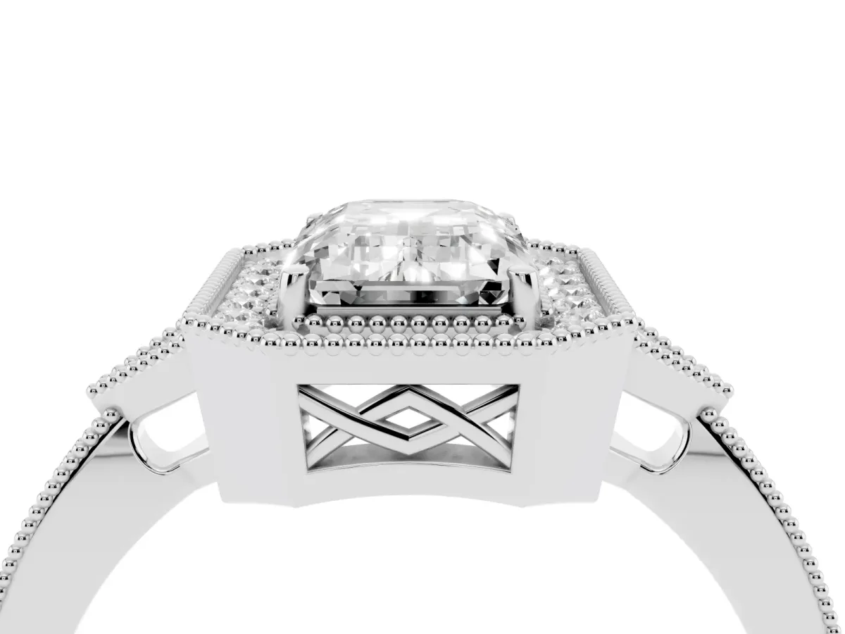 Emerald Cut Halo Round Diamond Milgrain Pave Engagement Ring Silver