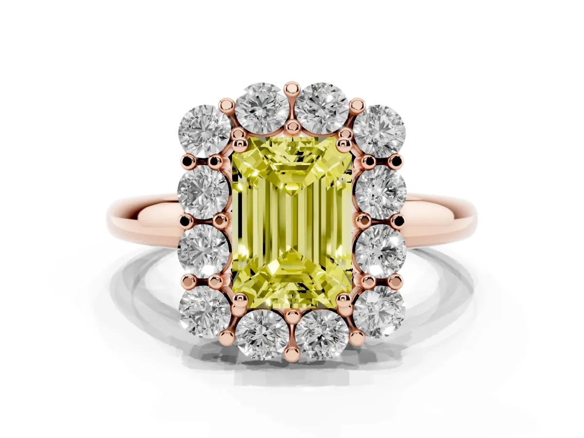 Fancy Yellow Emerald Cut Halo Cluster Diamond Engagement Ring with Prong Setting and Polished Band Rose gold