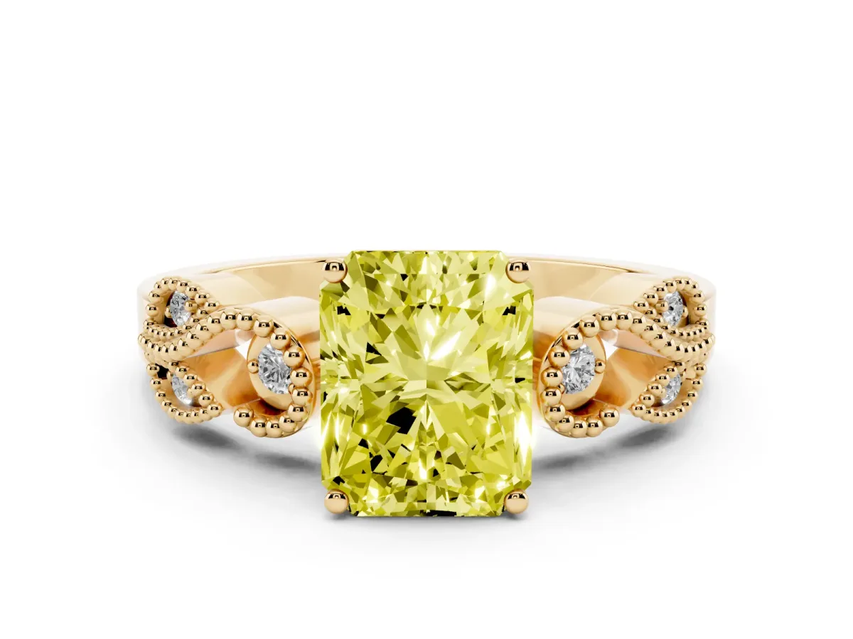 Fancy Yellow Princess Cut Solitaire Milgrain Leaf Band with Prong Setting Yellow gold