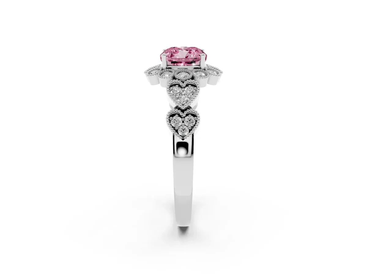 Fancy Pink Cushion Cut Brilliant Milgrain Pave Heart Band Solitaire Ring Silver
