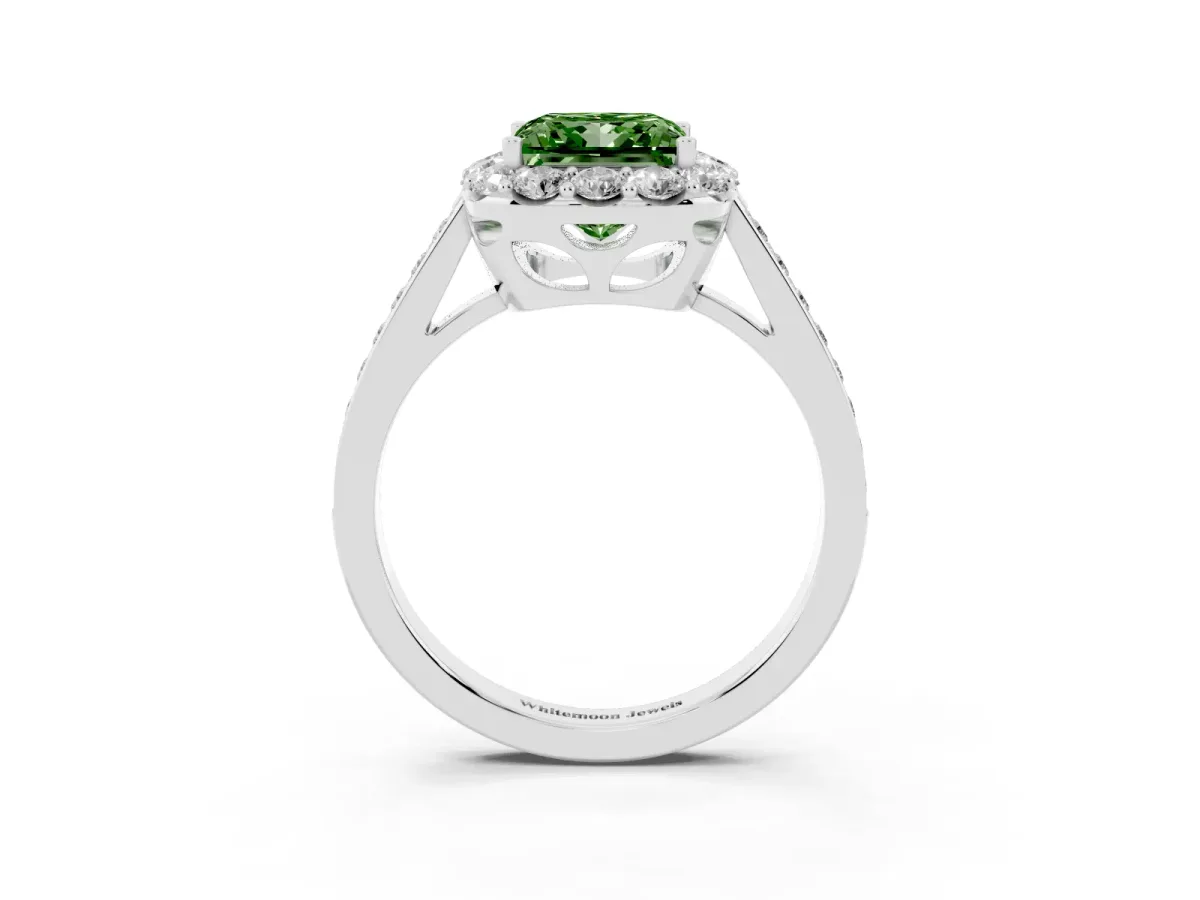 Fancy Green Princess Cut Diamond Floral Halo Ring with Pavé Band and Prong Setting White gold