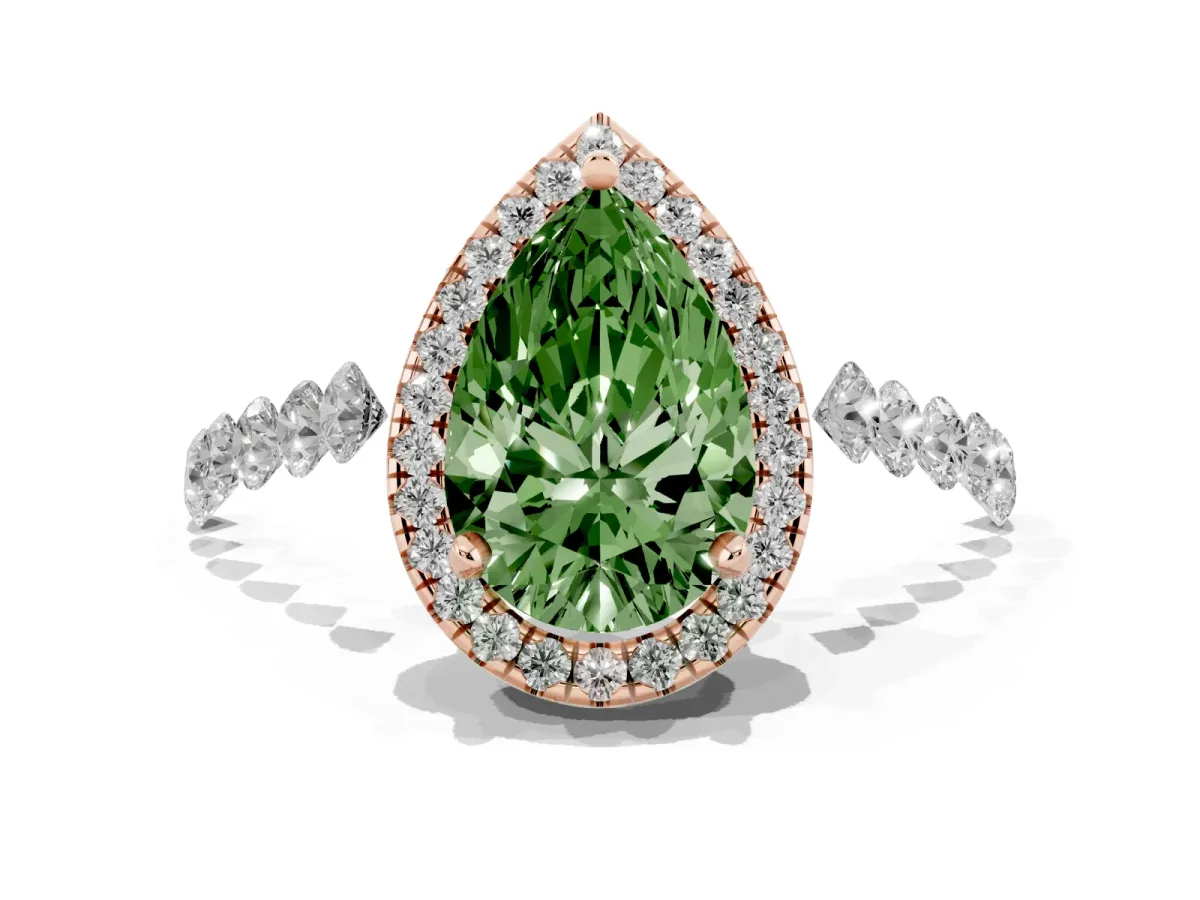 Fancy Green Pear Cut Halo Pavé Diamond Engagement Ring with Four-Prong Setting Rose gold