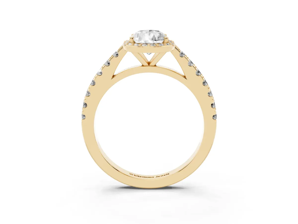 Pear Cut Cut Halo Diamond Engagement Ring with Pave Band and Four-Prong Setting Yellow gold