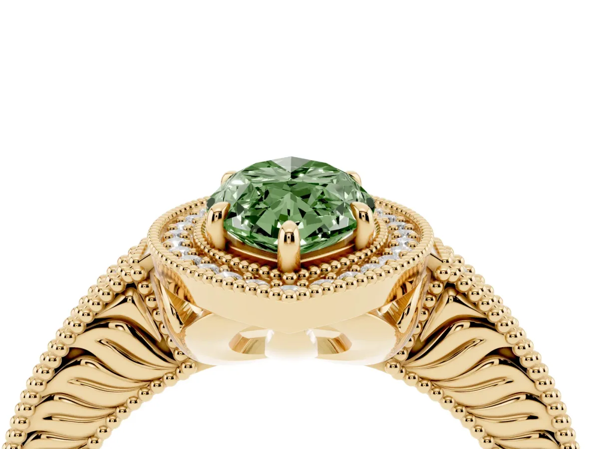 Fancy Green Marquise Cut Cut Halo Diamond Ring with Pavé Band and Four-Prong Setting Yellow gold