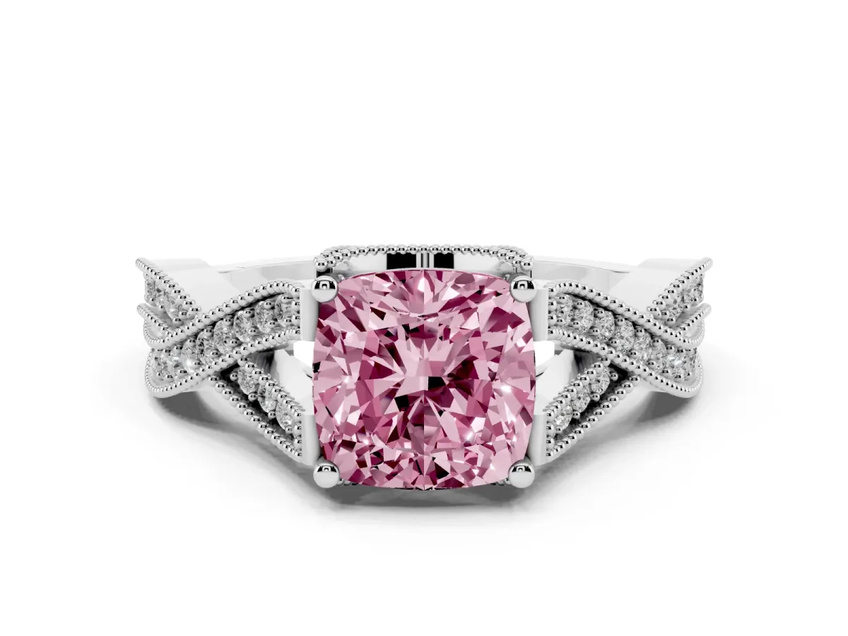 Fancy Pink Cushion Cut Cut Diamond Twisted Band with Milgrain Pave Setting and Four-Prong Setting Silver