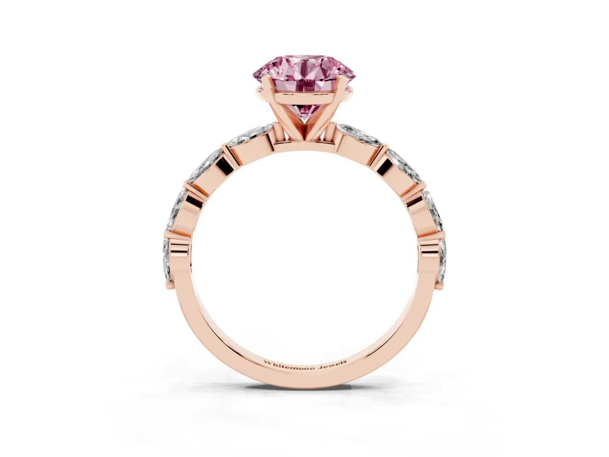 Fancy Pink Round Cut Diamond Ring with Marquise Side Stones and Prong Setting Rose gold