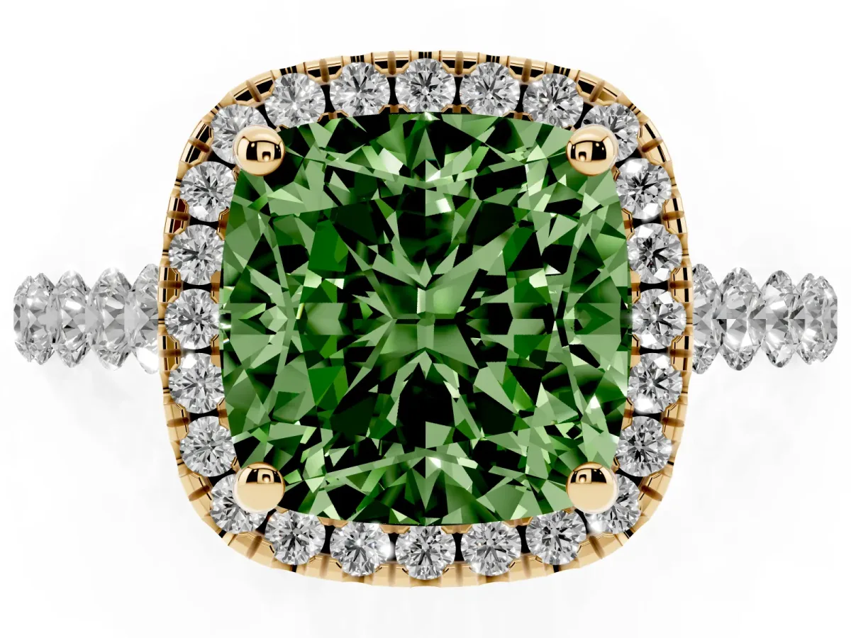 Fancy Green Cushion Cut Halo Pavé Diamond Engagement Ring with Four-Prong Setting Yellow gold