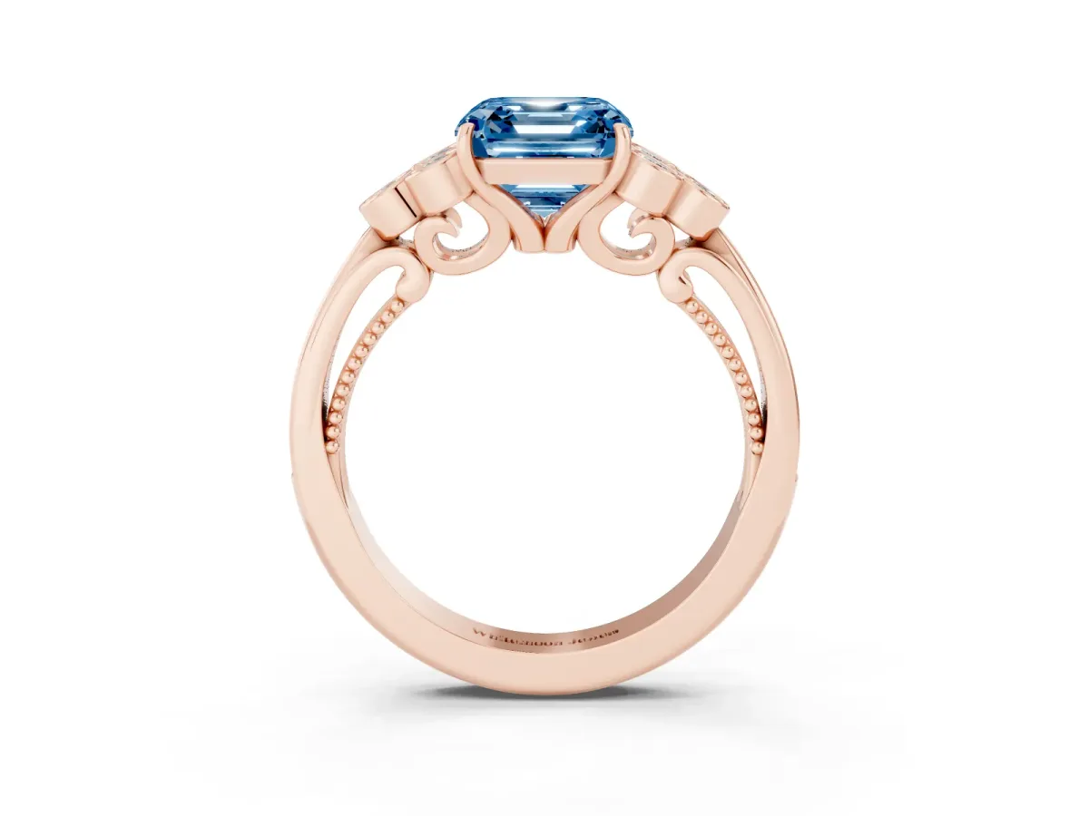 Fancy Blue Asscher Cut Cut Diamond Engagement Ring with Bezel Set Round Side Stones and Prong Setting Rose gold