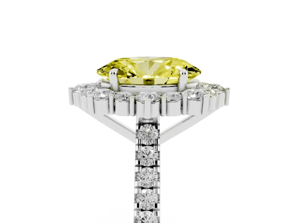 Fancy Yellow Oval Cut Halo Diamond Ring with Pavé Band and Prong Setting Silver