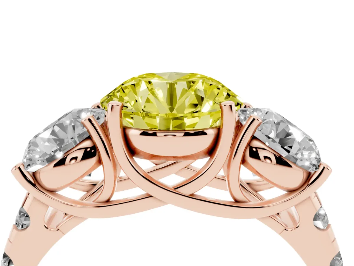Fancy Yellow Three-Stone Round Cut Diamond Pavé Band with Prong Setting Rose gold