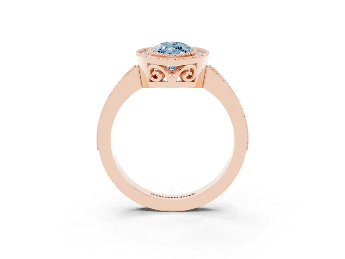 Fancy Blue Marquise Cut Cut Halo Diamond Ring with Pavé Band and Milgrain Prong Setting Rose gold