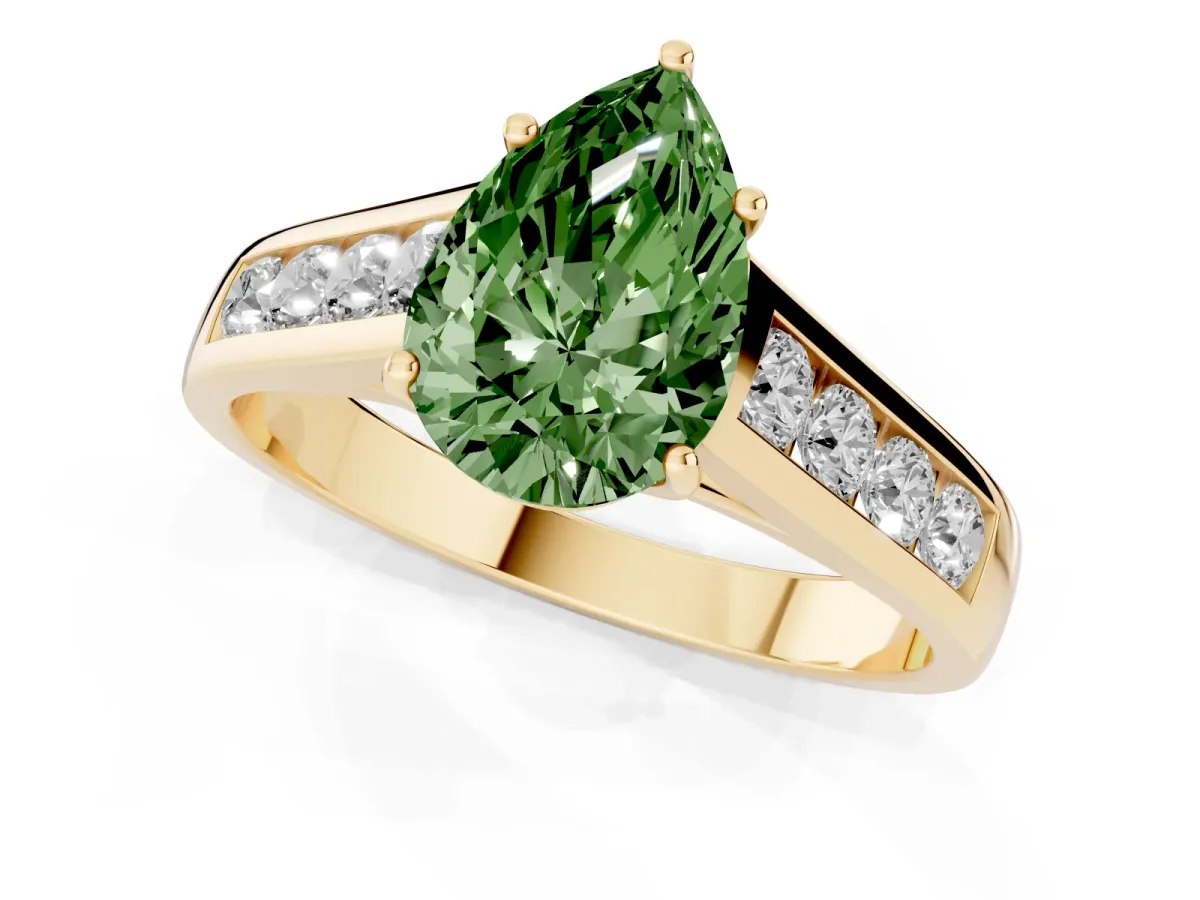 Fancy Green Pear Cut Brilliant Channel-Set Solitaire Ring with Four-Prong Setting Yellow gold