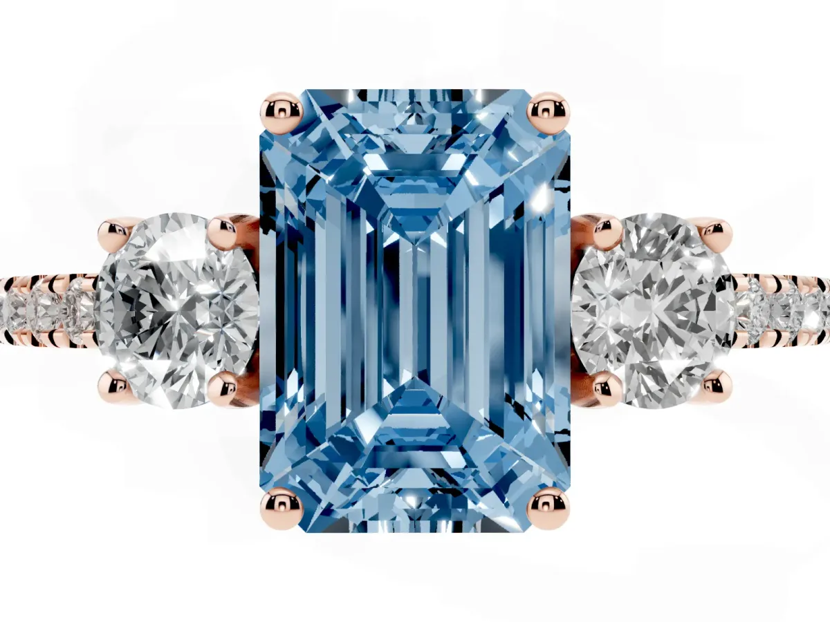 Fancy Blue Three-Stone Emerald Cut Cut Diamond Pavé Band with Prong Setting Rose gold
