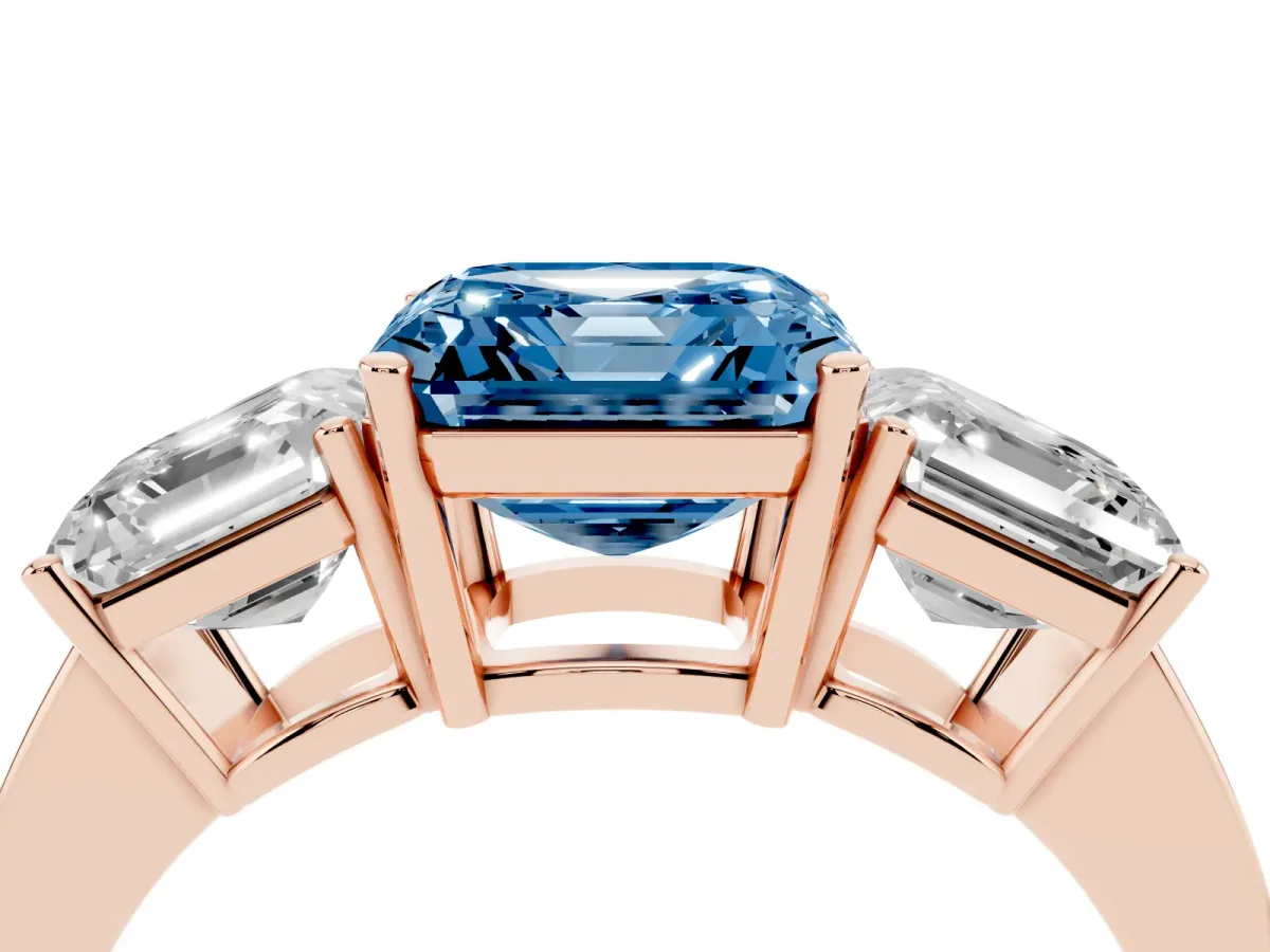 Fancy Blue Three-Stone Asscher Cut Cut Diamond Engagement Ring with Flat Band and Four-Prong Setting Rose gold