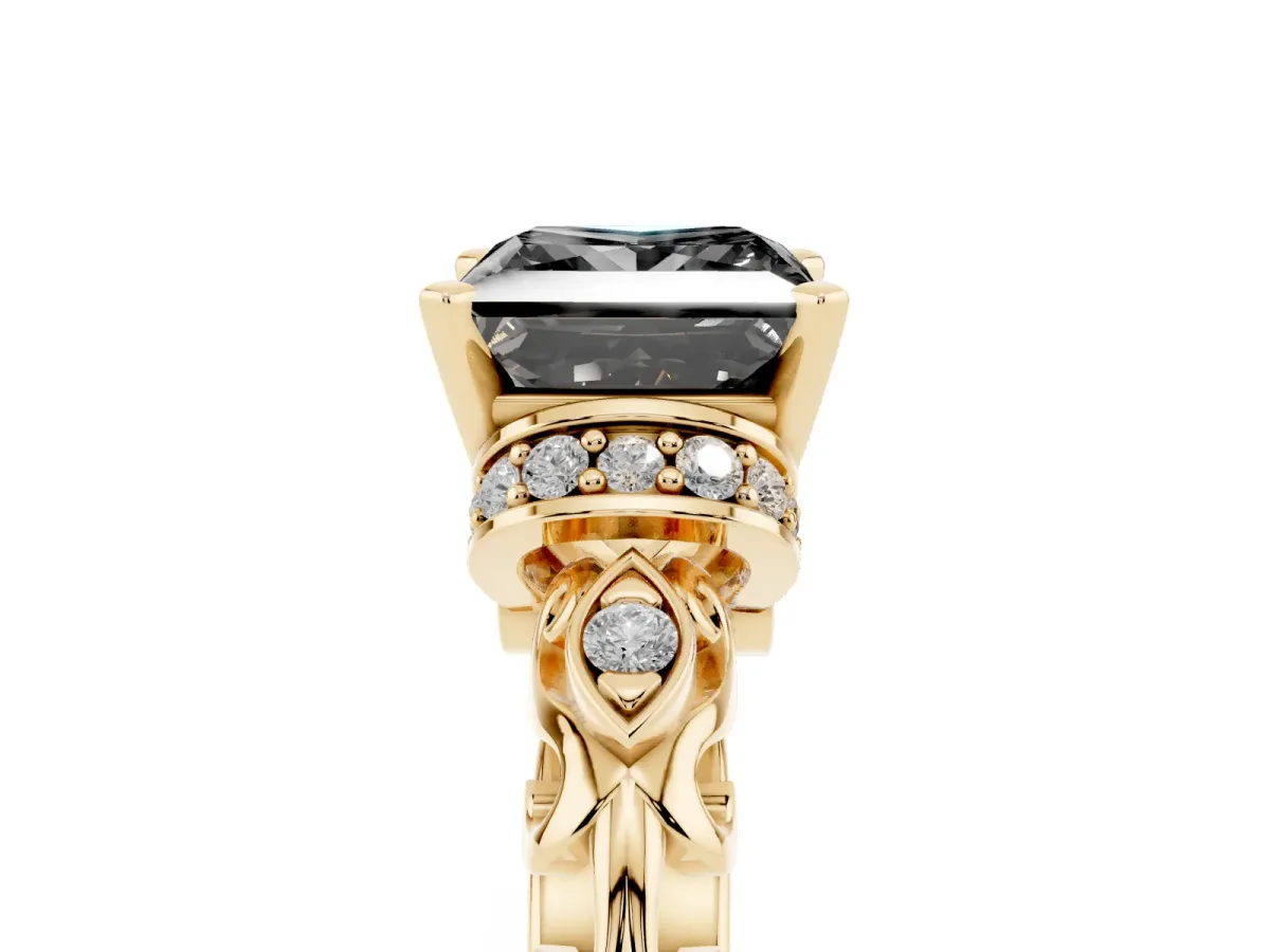 Fancy Black Princess Cut Diamond Solitaire Ring with Filigree Band and Four-Prong Setting Yellow gold