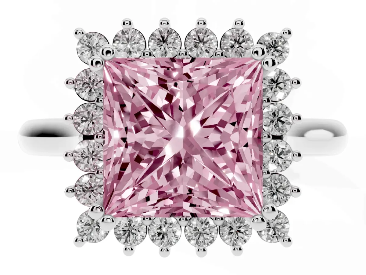 Fancy Pink Princess Cut Cut Diamond Halo Ring with Solitaire Band and Prong Setting Silver