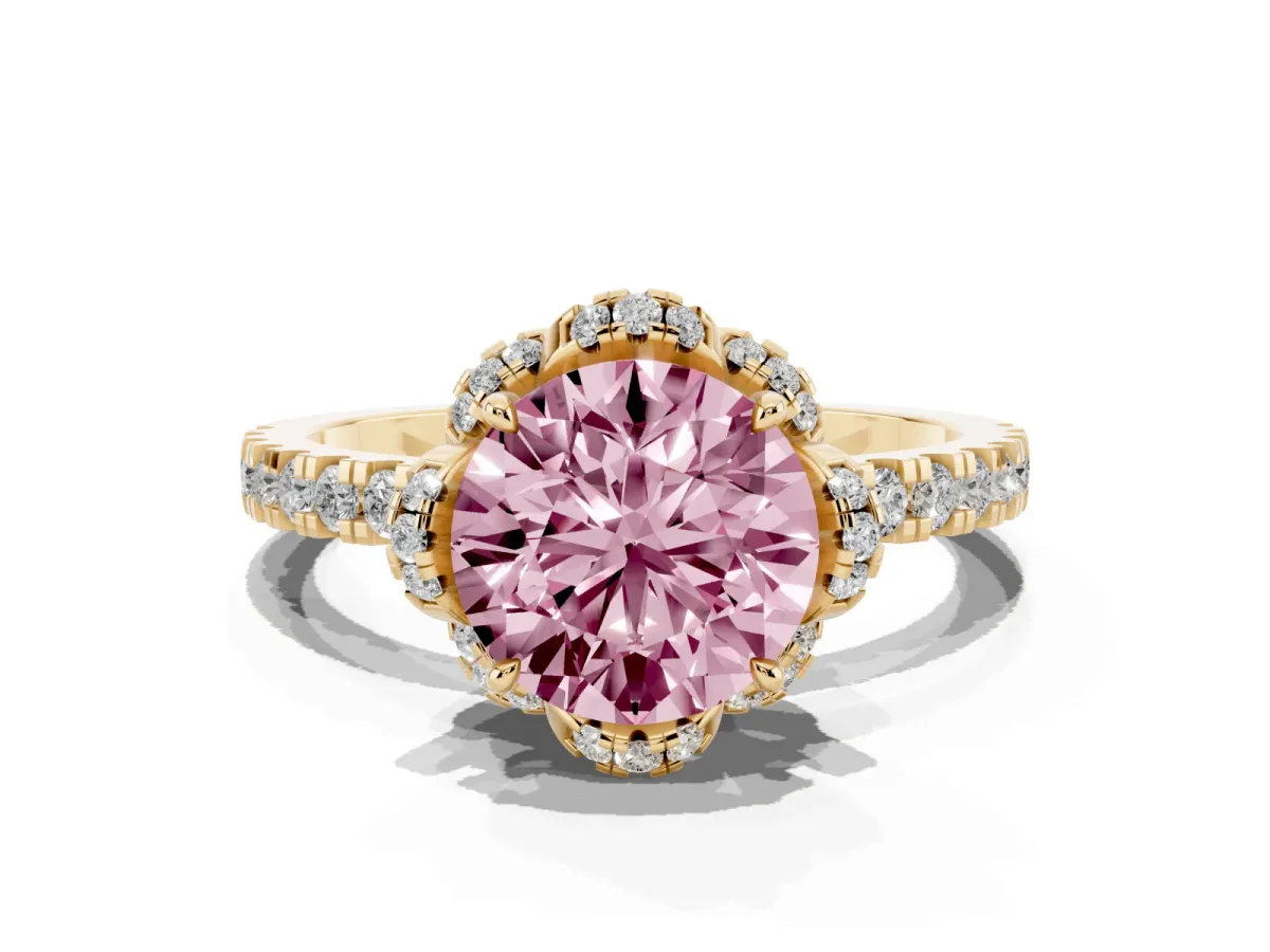 Fancy Pink Round Cut Halo Diamond Pave Band Ring with Four-Prong Setting Yellow gold