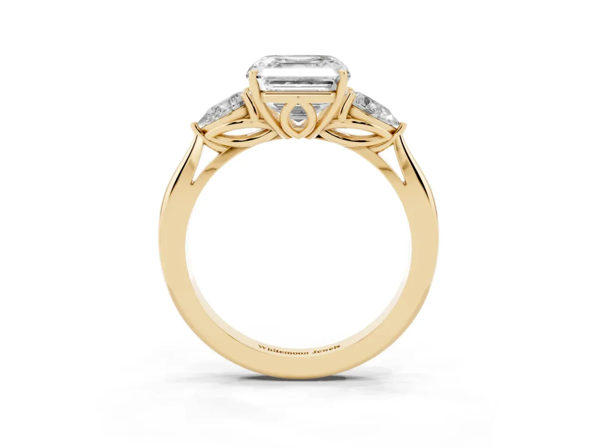 Three-Stone Asscher Cut Brilliant Diamond Solitaire Ring with Tapered Band and Four-Prong Setting Yellow gold