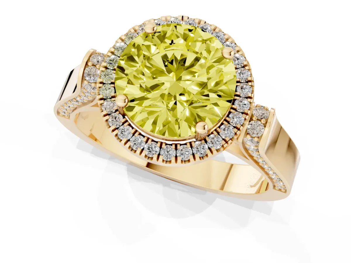 Fancy Yellow Round Cut Halo Pave Split Shank Prong Setting Ring Yellow gold