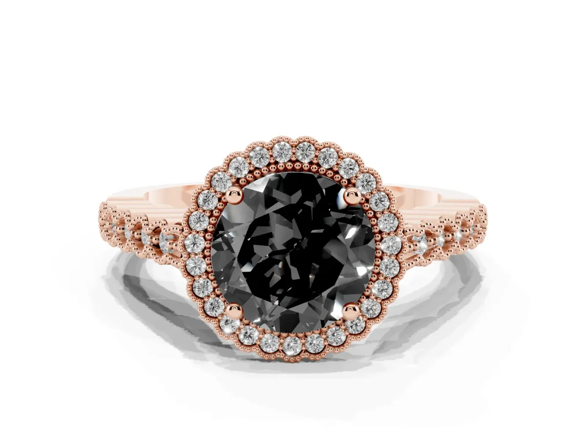 Fancy Black Round Cut Cut Halo Pavé Solitaire Ring with Milgrain Band Rose gold