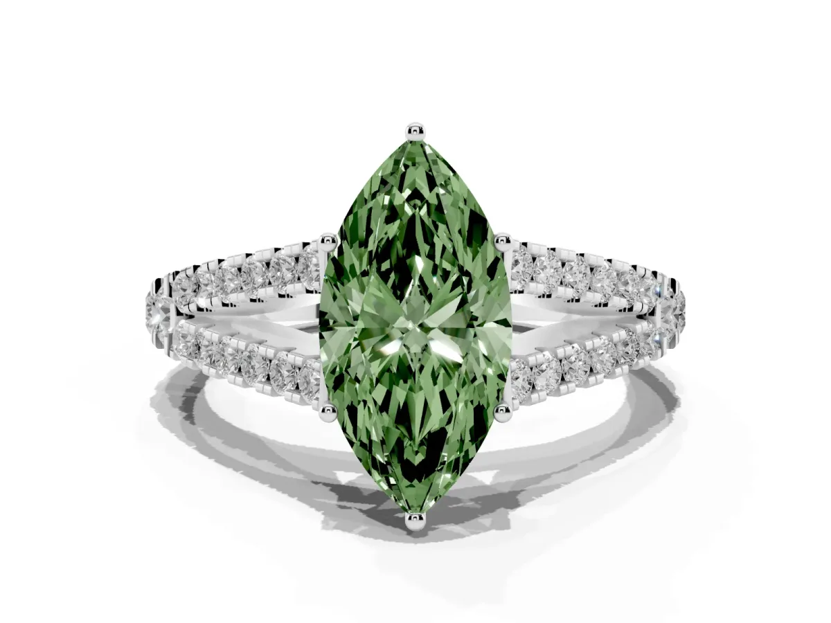 Fancy Green Marquise Cut Diamond Split Shank Engagement Ring with Round Pavé and Prong Setting Silver